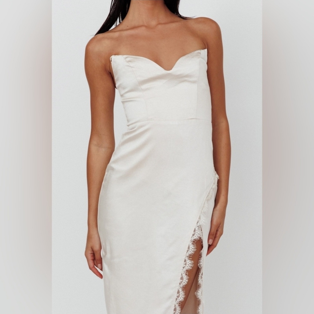 Saints & Secrets Winter Moon Champagne Satin Strapless Lace Trim Slit Midi Dress - Picture 2 of 14